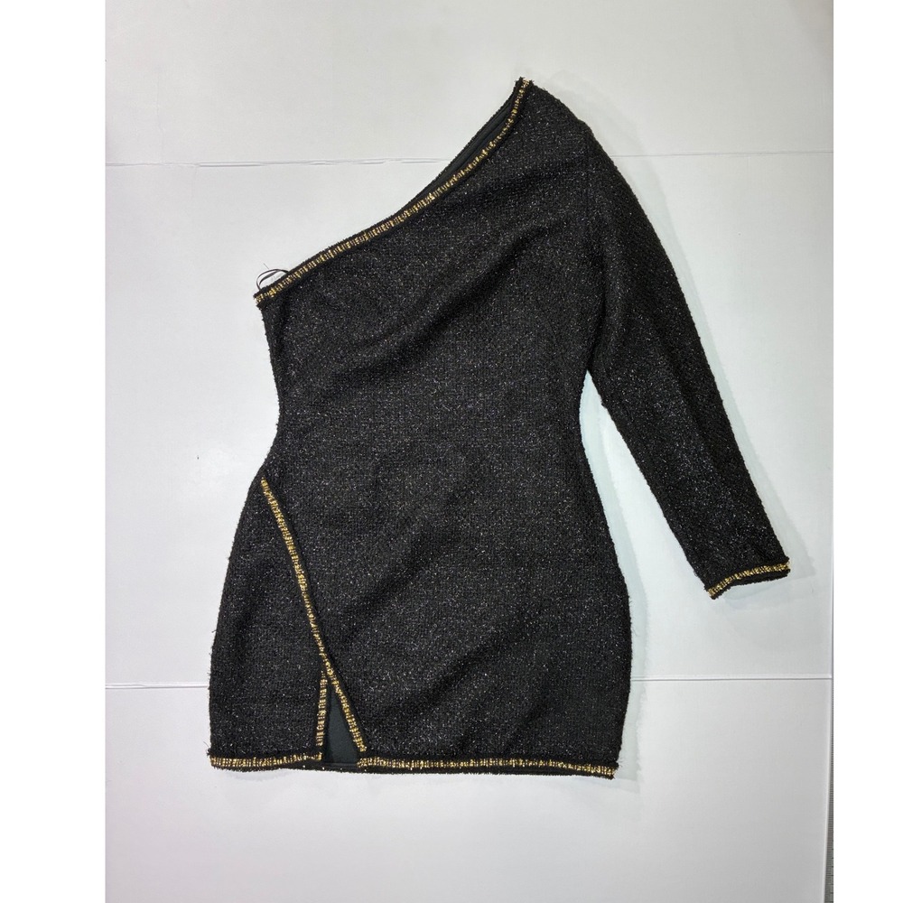 Zara Mini Dress Women Small Black Gold Metallic Tweed One Shoulder Side Slit